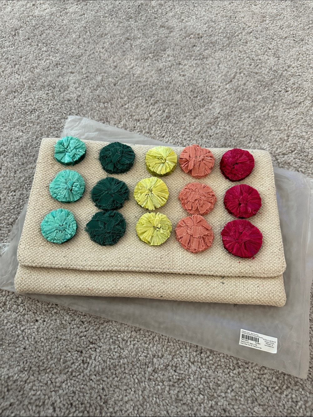Stella & Dot Cream Clutch with Multicolor Rosette Accents